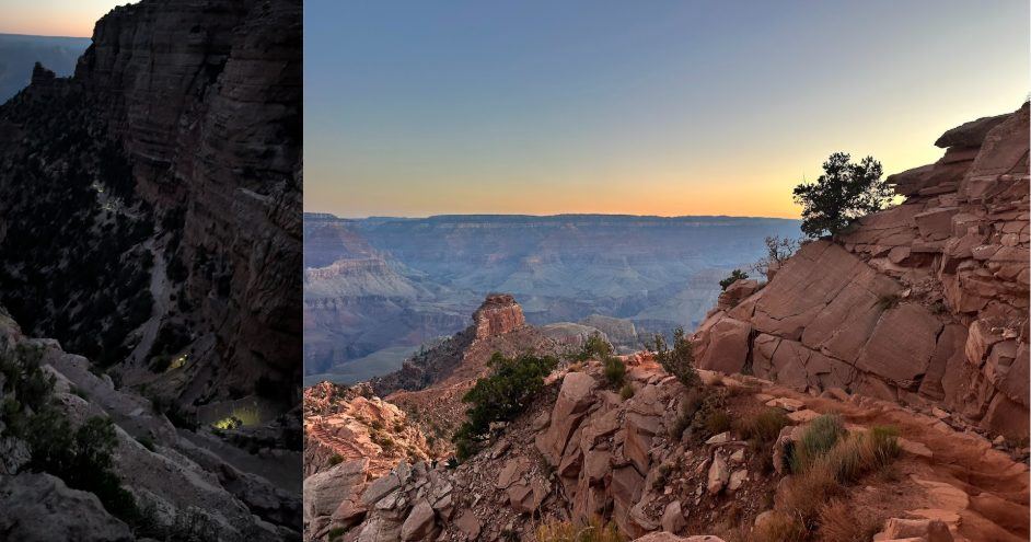 Left: steep first switchback of South Kaibab, right: sunrise before Ooh Aah point.