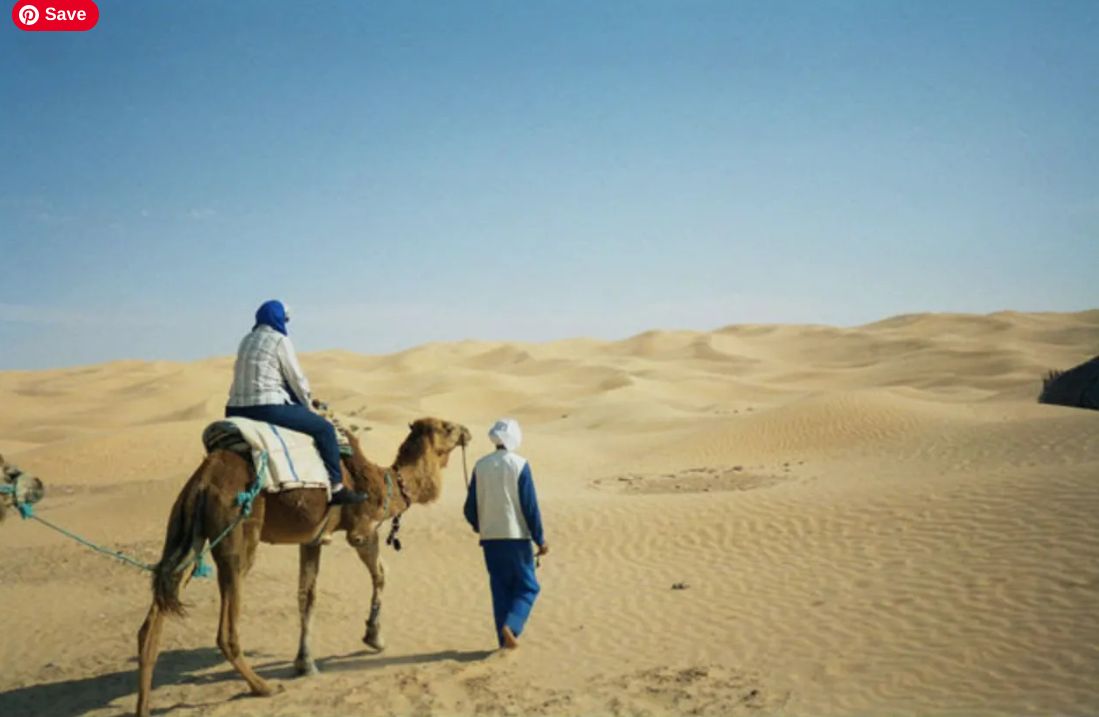 Two figures and a camel crossing the dunes at first light in the Sahara