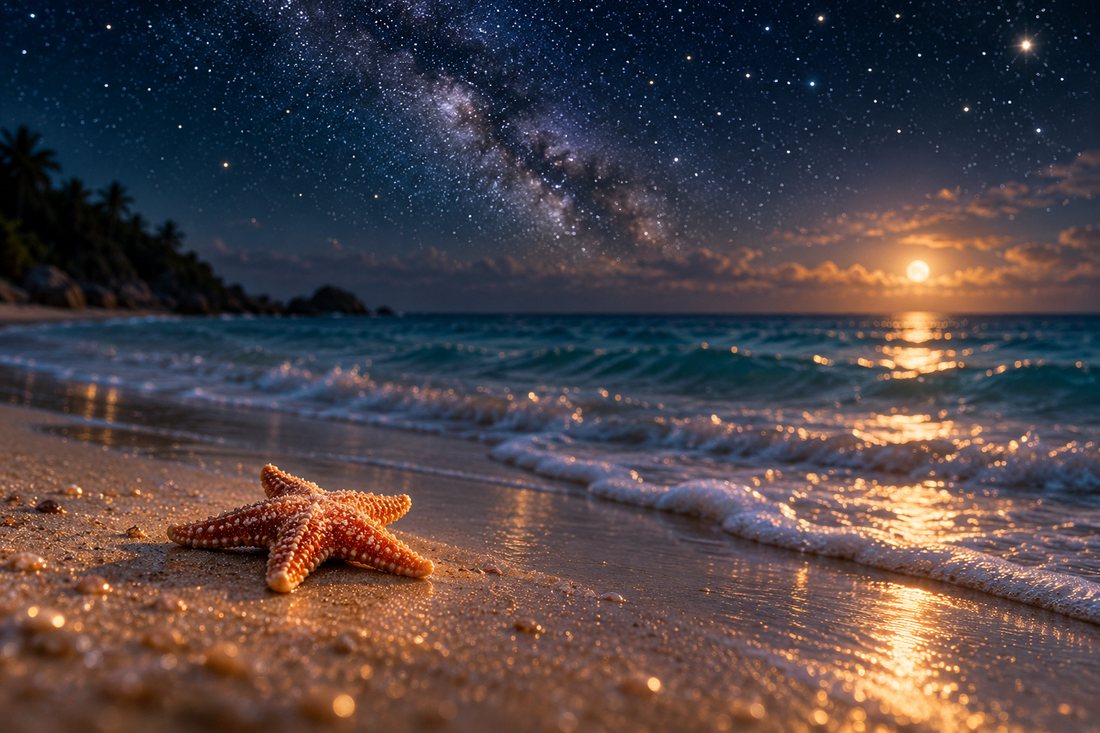 A starfish on wet sand at the edge of the surf, the Milky Way and a low moon over the ocean behind it