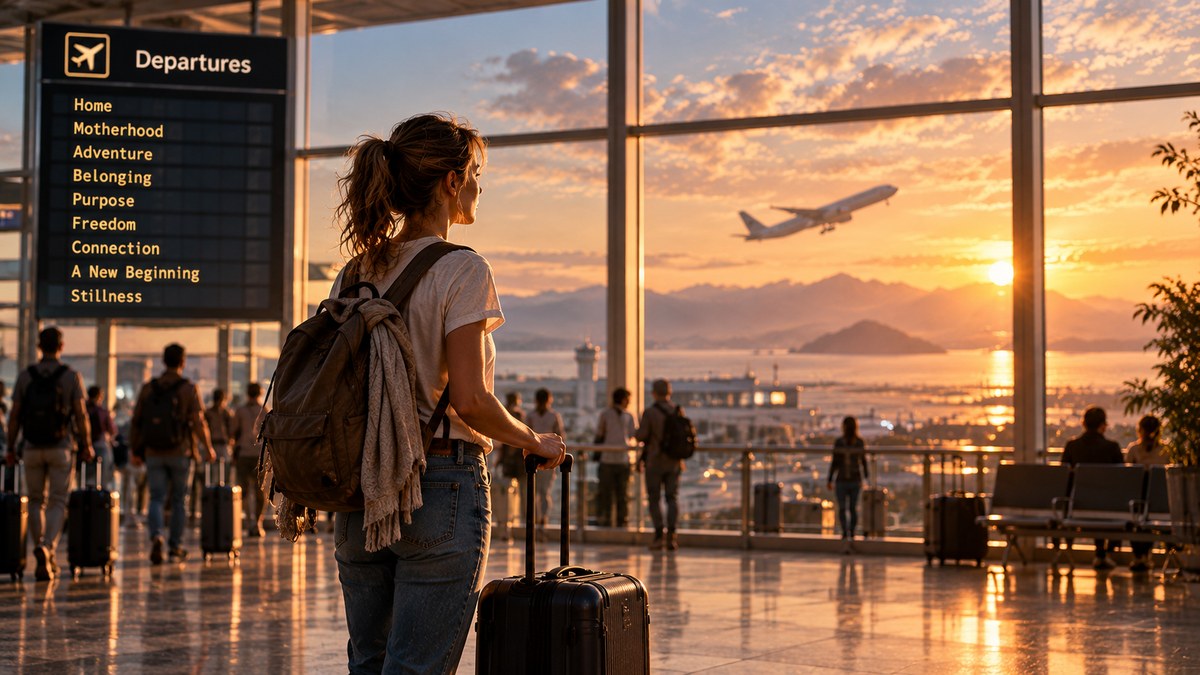 A woman with a backpack and a suitcase watches a plane lift off beyond the airport windows at sunrise, beside a departures board listing Home, Motherhood, Adventure, Belonging, Purpose, Freedom, Connection, A New Beginning and Stillness