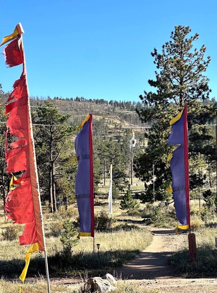 Prayer flags along the trail to the Great Stupa